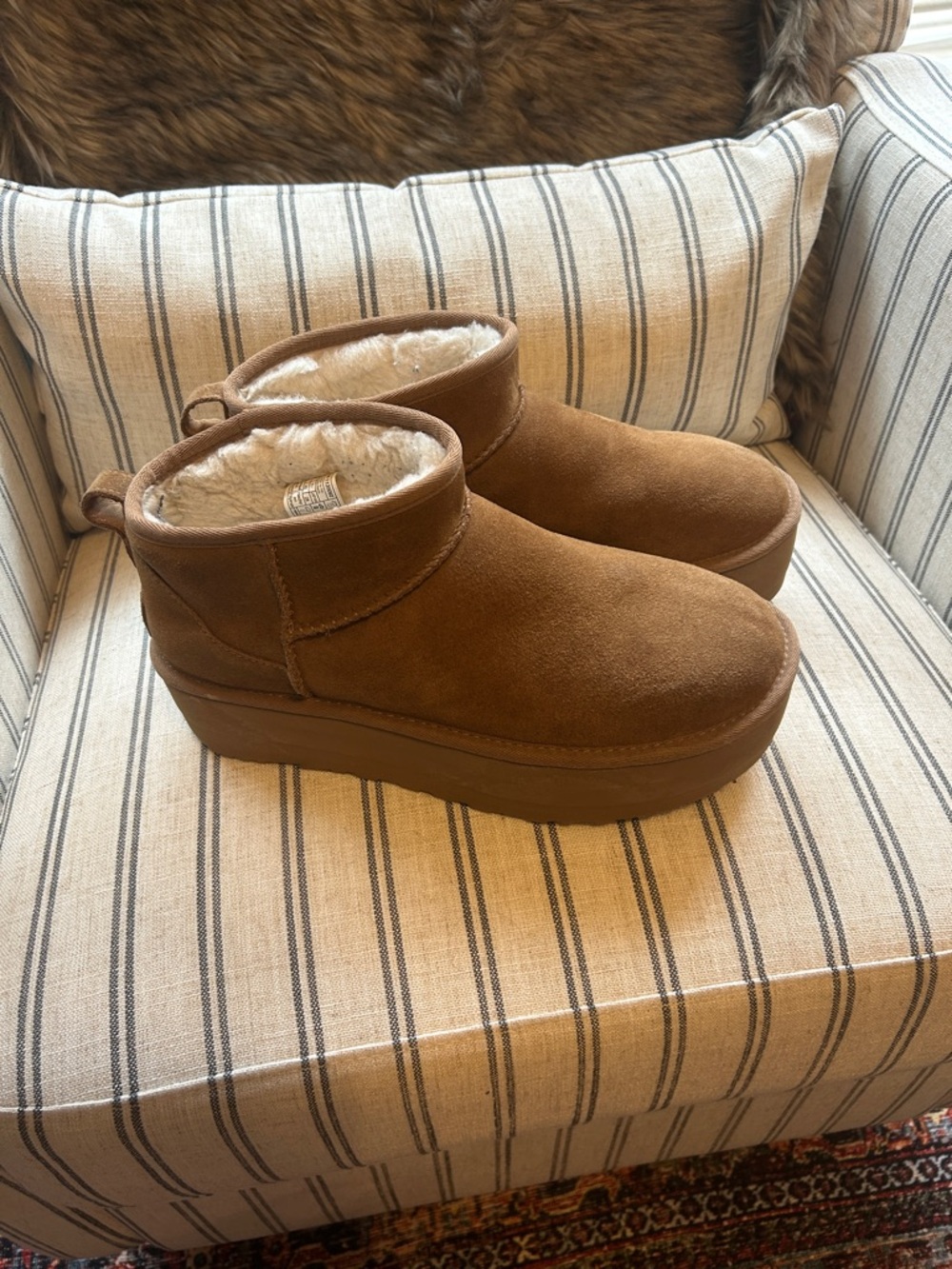 UGG Chestnut Suede Shearling-Lined Platform Ankle Booties